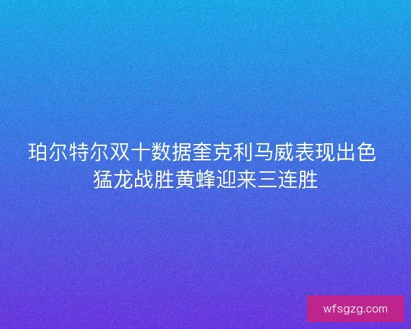 珀尔特尔双十数据奎克利马威表现出色 猛龙战胜黄蜂迎来三连胜